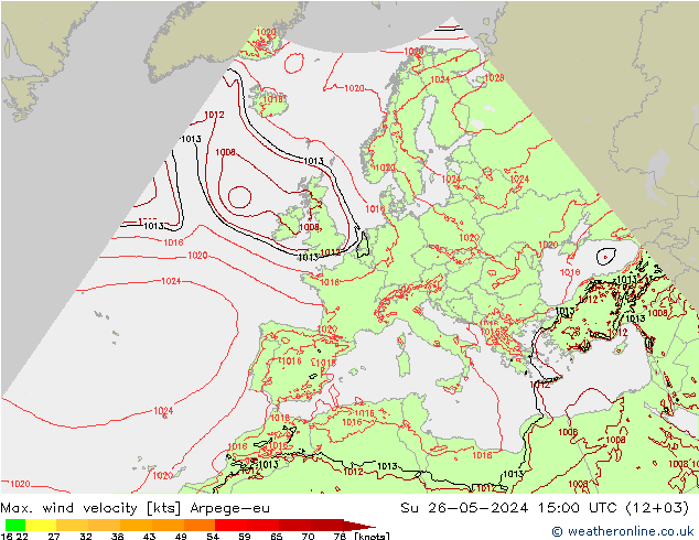 Max. wind velocity Arpege-eu  26.05.2024 15 UTC