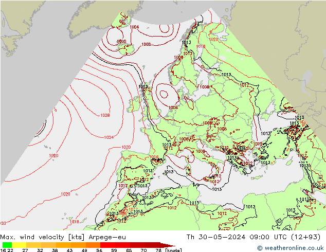 Max. wind velocity Arpege-eu jeu 30.05.2024 09 UTC