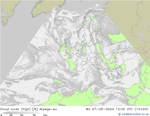 Cloud cover (high) Arpege-eu Mo 27.05.2024 12 UTC