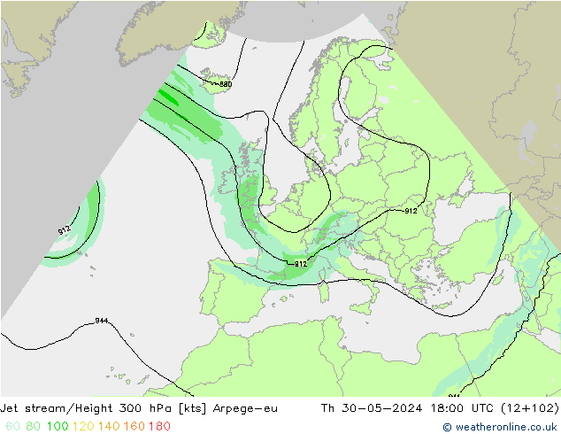 Jet stream/Height 300 hPa Arpege-eu Th 30.05.2024 18 UTC