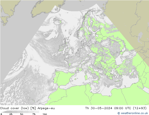 Cloud cover (low) Arpege-eu Th 30.05.2024 09 UTC