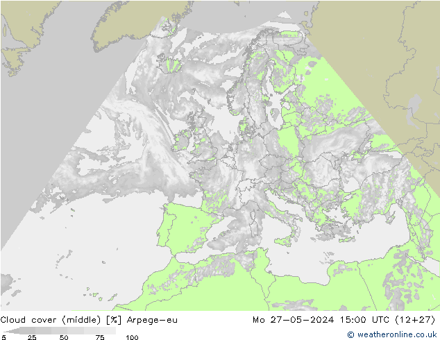 Cloud cover (middle) Arpege-eu Mo 27.05.2024 15 UTC