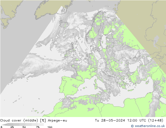 Cloud cover (middle) Arpege-eu Tu 28.05.2024 12 UTC