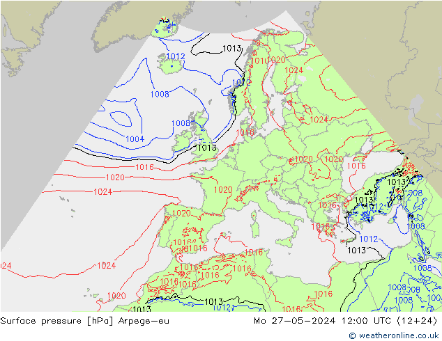 Surface pressure Arpege-eu Mo 27.05.2024 12 UTC