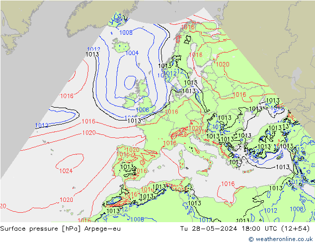 Surface pressure Arpege-eu Tu 28.05.2024 18 UTC