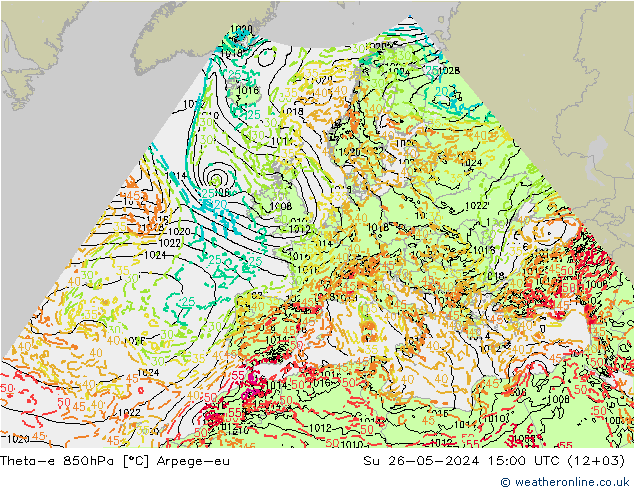 Theta-e 850hPa Arpege-eu So 26.05.2024 15 UTC