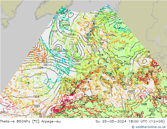 Theta-e 850hPa Arpege-eu So 26.05.2024 18 UTC