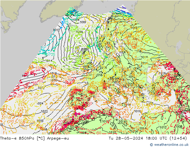 Theta-e 850hPa Arpege-eu Tu 28.05.2024 18 UTC