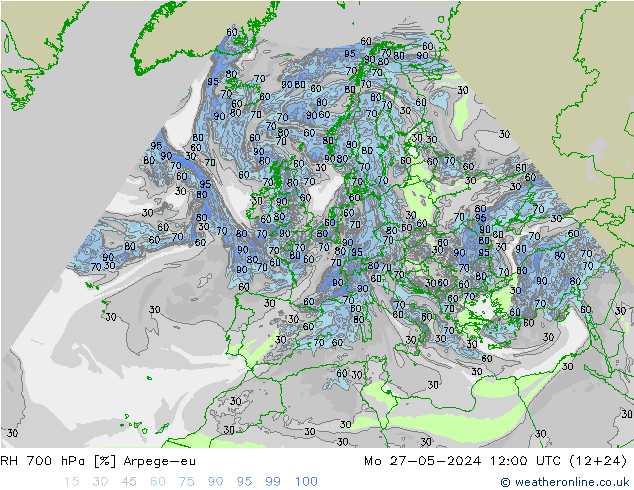 Humidité rel. 700 hPa Arpege-eu lun 27.05.2024 12 UTC