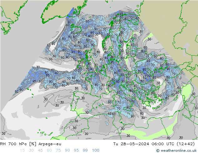 RH 700 hPa Arpege-eu Tu 28.05.2024 06 UTC