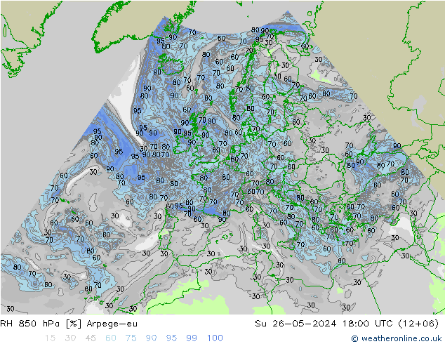 RH 850 hPa Arpege-eu 星期日 26.05.2024 18 UTC