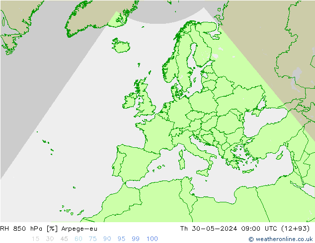 Humidité rel. 850 hPa Arpege-eu jeu 30.05.2024 09 UTC