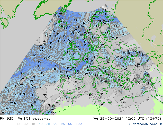 RH 925 hPa Arpege-eu mer 29.05.2024 12 UTC