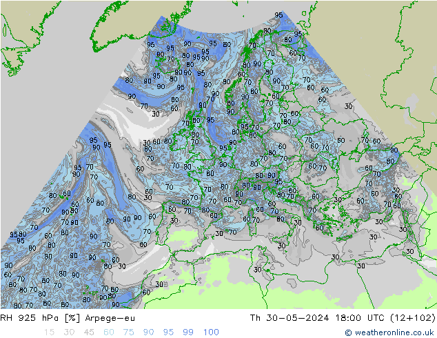 Humidité rel. 925 hPa Arpege-eu jeu 30.05.2024 18 UTC