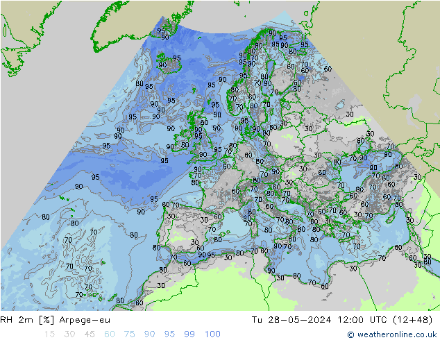 RH 2m Arpege-eu wto. 28.05.2024 12 UTC