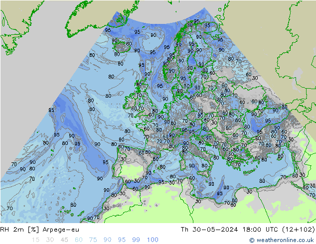 RH 2m Arpege-eu Qui 30.05.2024 18 UTC