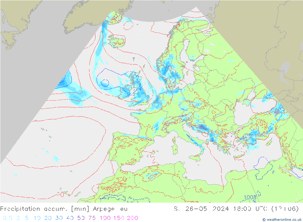 Totale neerslag Arpege-eu zo 26.05.2024 18 UTC