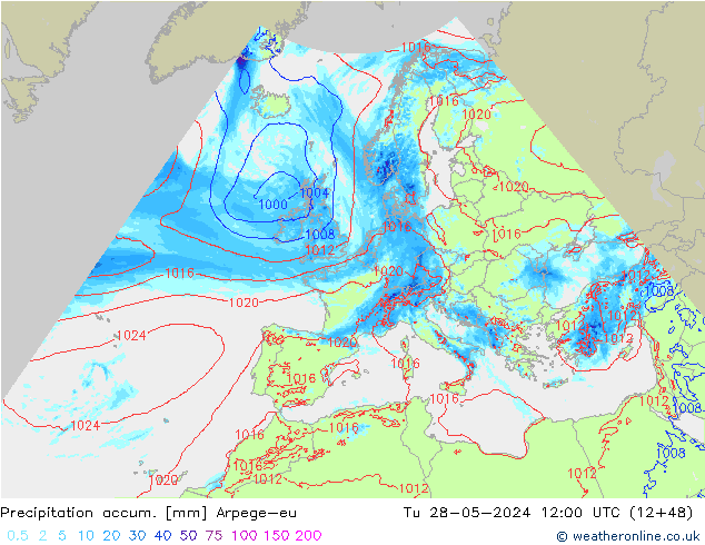 Precipitation accum. Arpege-eu Út 28.05.2024 12 UTC