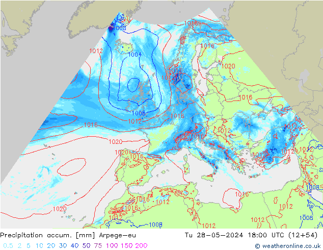 Precipitation accum. Arpege-eu wto. 28.05.2024 18 UTC