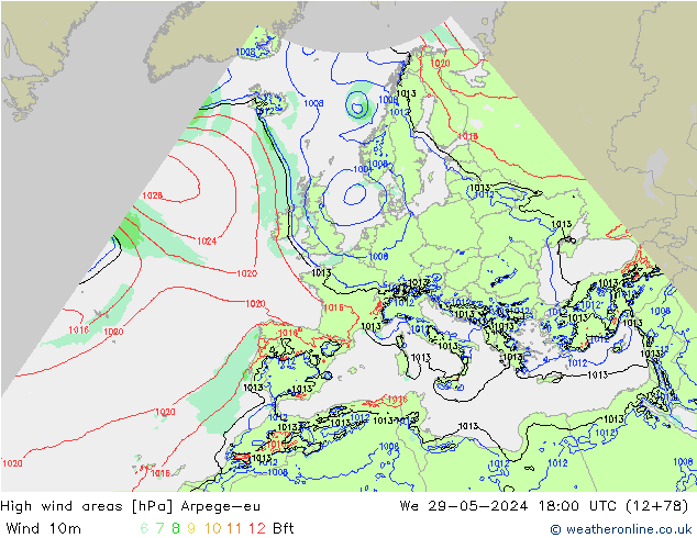 yüksek rüzgarlı alanlar Arpege-eu Çar 29.05.2024 18 UTC