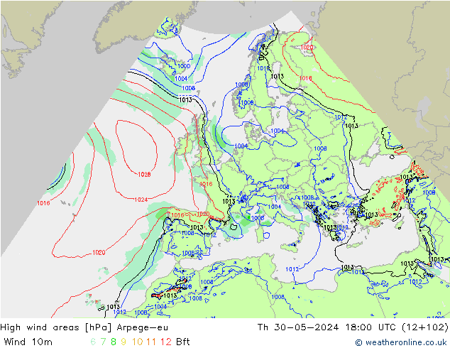 High wind areas Arpege-eu jeu 30.05.2024 18 UTC