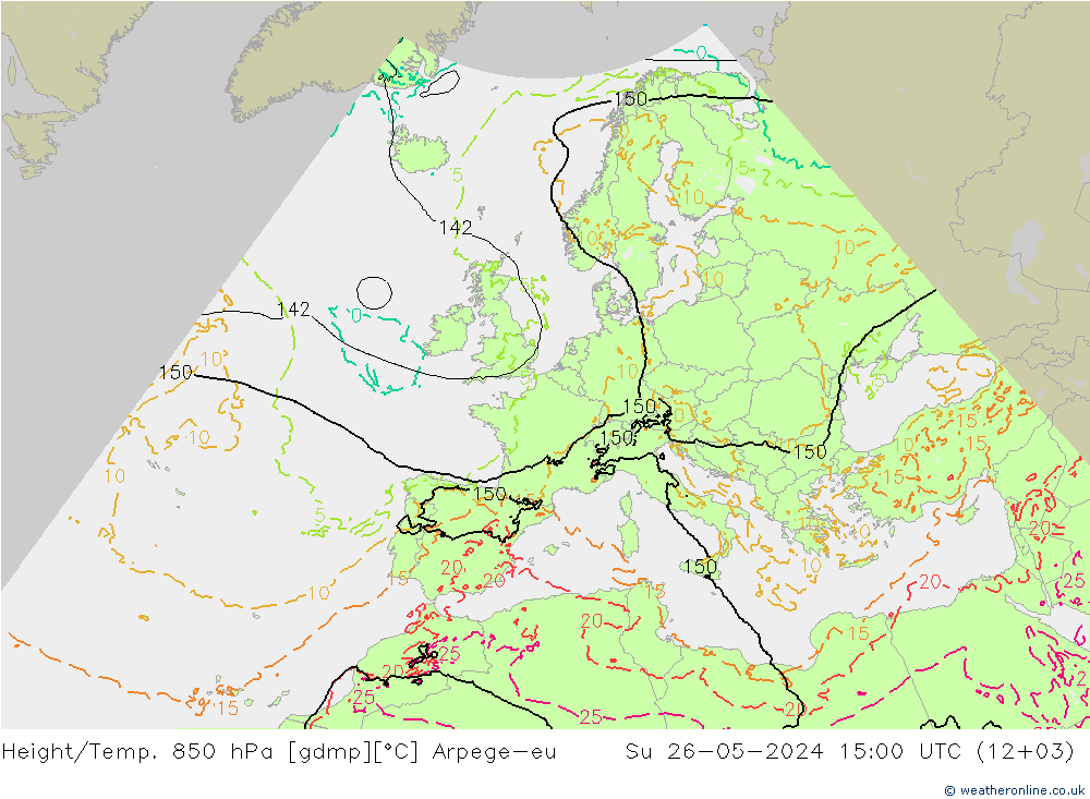 Height/Temp. 850 гПа Arpege-eu Вс 26.05.2024 15 UTC