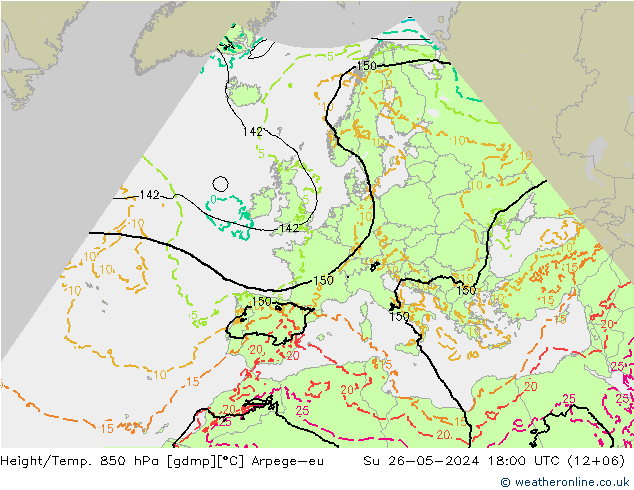 Height/Temp. 850 hPa Arpege-eu 星期日 26.05.2024 18 UTC
