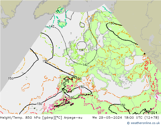 Hoogte/Temp. 850 hPa Arpege-eu wo 29.05.2024 18 UTC