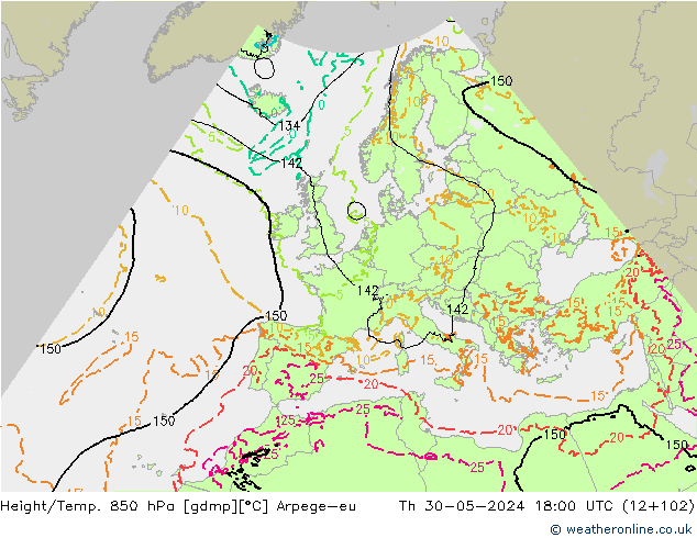 Height/Temp. 850 hPa Arpege-eu Čt 30.05.2024 18 UTC