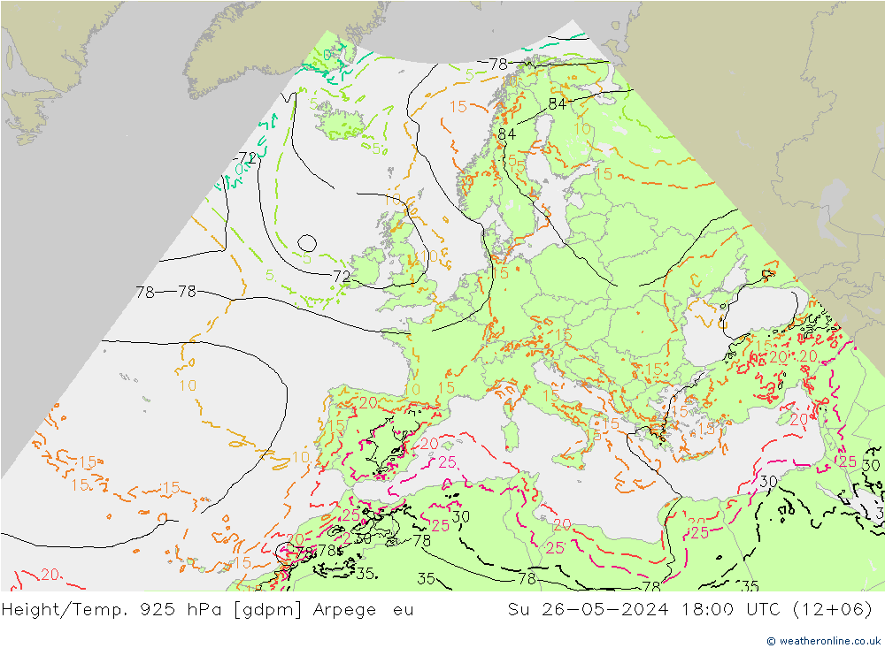 Height/Temp. 925 hPa Arpege-eu 星期日 26.05.2024 18 UTC