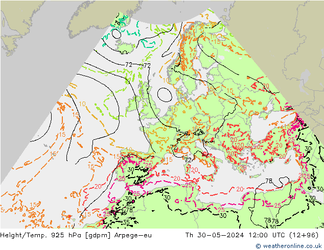 Height/Temp. 925 hPa Arpege-eu gio 30.05.2024 12 UTC