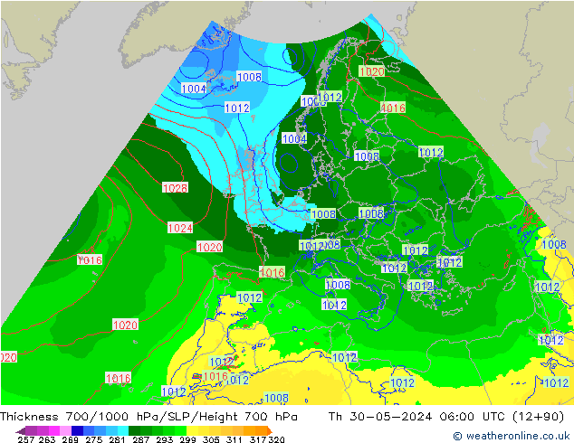 Thck 700-1000 hPa Arpege-eu jeu 30.05.2024 06 UTC