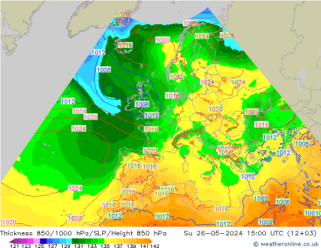 Dikte 850-1000 hPa Arpege-eu zo 26.05.2024 15 UTC