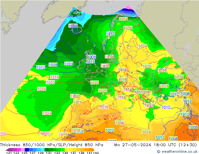 Thck 850-1000 hPa Arpege-eu Mo 27.05.2024 18 UTC