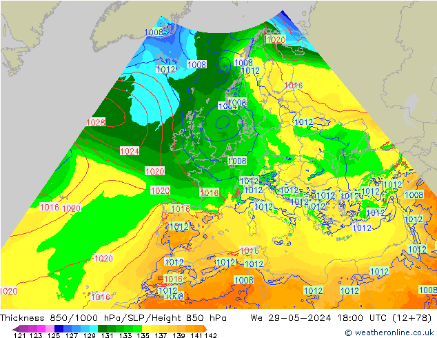 Thck 850-1000 hPa Arpege-eu  29.05.2024 18 UTC