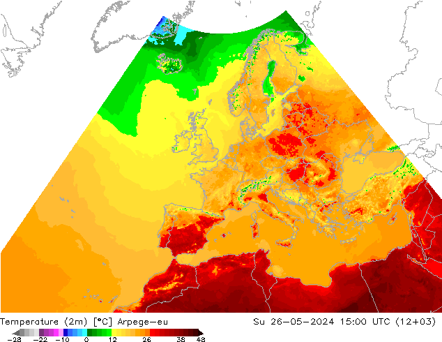 Temperaturkarte (2m) Arpege-eu So 26.05.2024 15 UTC