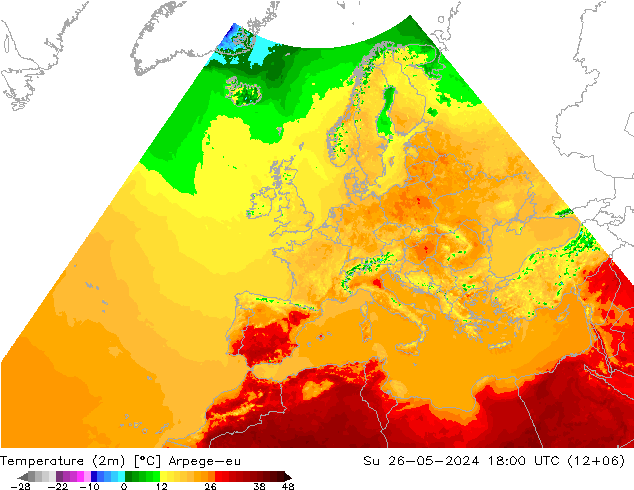 Temperaturkarte (2m) Arpege-eu So 26.05.2024 18 UTC