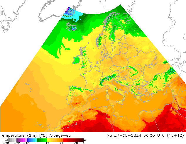 Temperatuurkaart (2m) Arpege-eu ma 27.05.2024 00 UTC