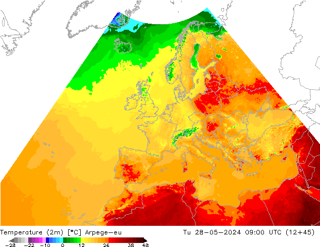 Temperatuurkaart (2m) Arpege-eu di 28.05.2024 09 UTC