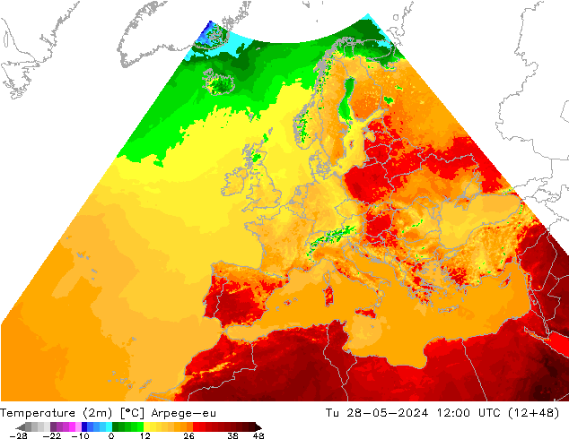 Temperature (2m) Arpege-eu Tu 28.05.2024 12 UTC