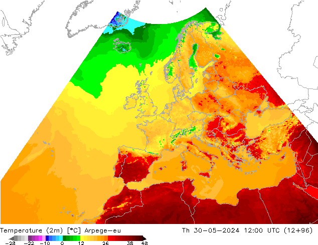 température (2m) Arpege-eu jeu 30.05.2024 12 UTC