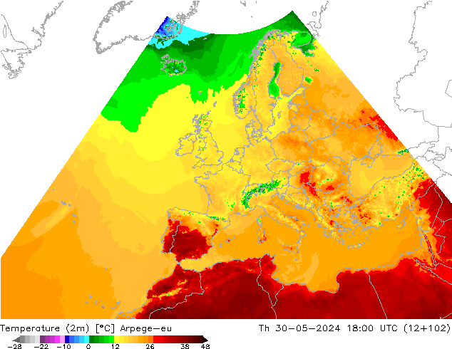 Temperatuurkaart (2m) Arpege-eu do 30.05.2024 18 UTC
