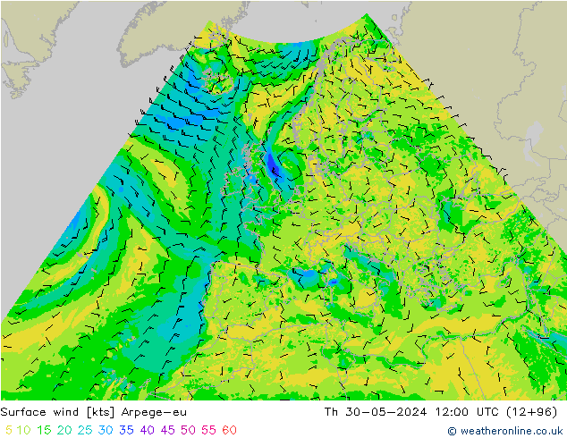 Surface wind Arpege-eu Čt 30.05.2024 12 UTC