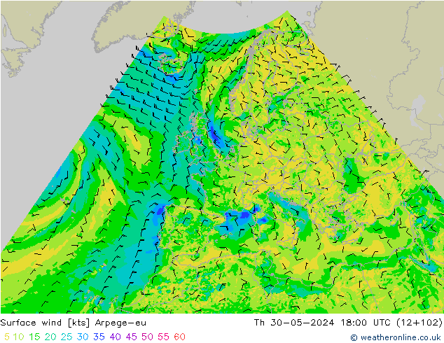 Surface wind Arpege-eu Th 30.05.2024 18 UTC