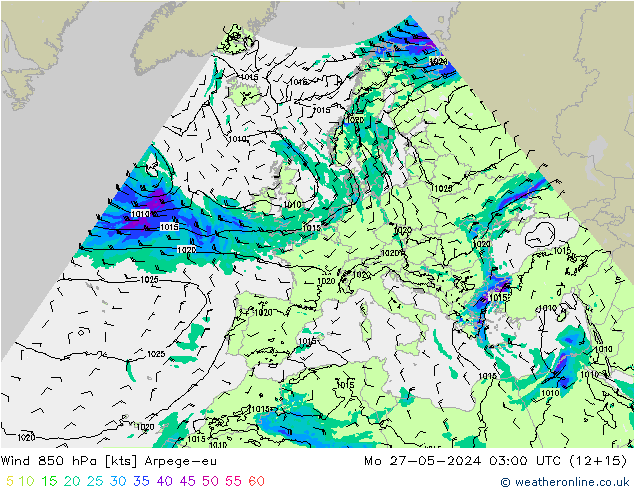 Vento 850 hPa Arpege-eu lun 27.05.2024 03 UTC