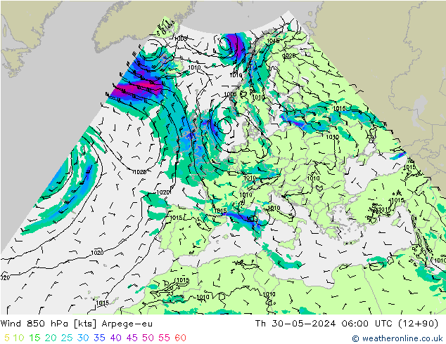 Wind 850 hPa Arpege-eu Do 30.05.2024 06 UTC