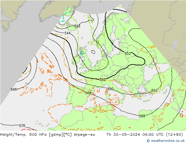 Height/Temp. 500 гПа Arpege-eu чт 30.05.2024 06 UTC