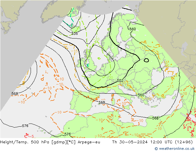 Height/Temp. 500 hPa Arpege-eu Th 30.05.2024 12 UTC