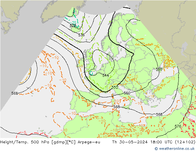 Height/Temp. 500 hPa Arpege-eu Čt 30.05.2024 18 UTC