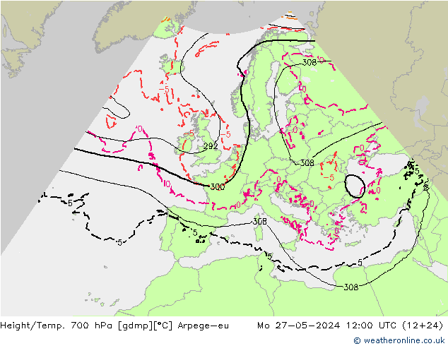 Géop./Temp. 700 hPa Arpege-eu lun 27.05.2024 12 UTC